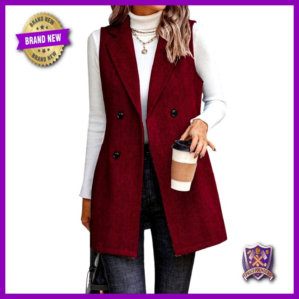 Long Sleeveless Tweed Blazer Vest Double Breasted Herringbone Wool Blend